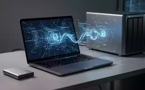 Ein modernes MacBook Pro M4 Max, eine externe SSD und ein NAS-GerĂ€t auf einem Schreibtisch, als Symbol fĂŒr Datensicherungslösungen. - Foto: ĂŒber boerse-global.de