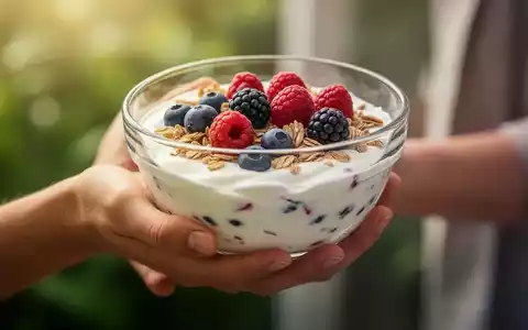 Eine Hand hält eine Glasschale mit Joghurt, Beeren und Müsli, symbolisch für Darmgesundheit und Vitalität. - Foto: über boerse-global.de