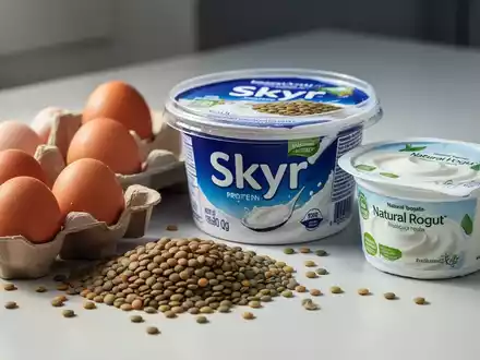 Eine Nahaufnahme von proteinreichen Lebensmitteln wie Eiern, Linsen, Skyr und Naturjoghurt, ansprechend arrangiert. - Foto: über boerse-global.de