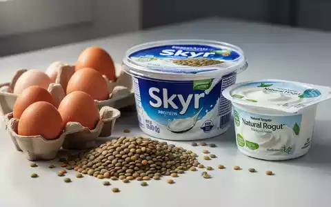 Eine Nahaufnahme von proteinreichen Lebensmitteln wie Eiern, Linsen, Skyr und Naturjoghurt, ansprechend arrangiert. - Foto: über boerse-global.de