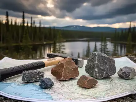 Geologenhammer und Gesteinsproben auf einer Karte, mit verschwommenem Hintergrund aus Wald und See. Fokus auf Mineralexploration. - Foto: über boerse-global.de