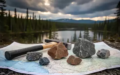Geologenhammer und Gesteinsproben auf einer Karte, mit verschwommenem Hintergrund aus Wald und See. Fokus auf Mineralexploration. - Foto: über boerse-global.de