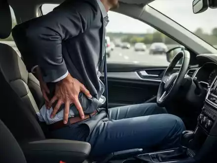 Eine Person sitzt unbequem im Autositz, hält sich den unteren Rücken. Durch das Fenster ist eine verschwommene Autobahn zu sehen. - Foto: über boerse-global.de