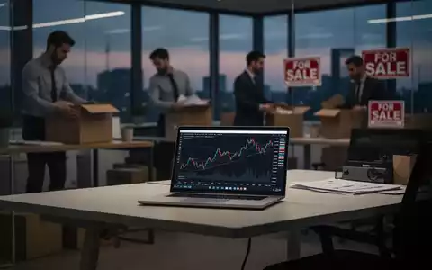 Ein modernes Büro bei Sonnenuntergang mit unscharfen Mitarbeitern, die Kisten packen, und einem Laptop mit Finanzdiagramm auf einem Schreibtisch. - Foto: über boerse-global.de