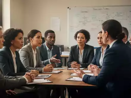 Eine Gruppe von Erwachsenen nimmt an einem Kurs für psychische Erste Hilfe teil und diskutiert mit einem Ausbilder. - Foto: über boerse-global.de