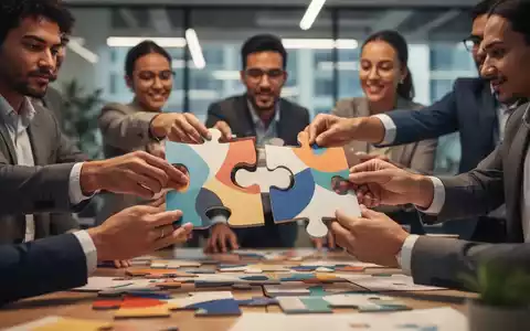 Menschen, die gemeinsam abstrakte Puzzleteile neu anordnen, symbolisieren Job Crafting und die Neugestaltung von Aufgaben in einem modernen Büro. - Foto: über boerse-global.de