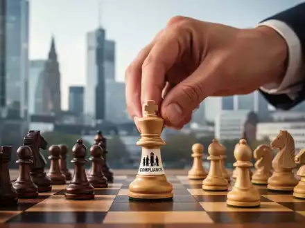 Eine Hand setzt eine Schachfigur, die Compliance darstellt, auf ein Schachbrett vor dem Hintergrund der Frankfurter Skyline. - Foto: über boerse-global.de