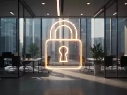 Ein stilisiertes, leuchtendes Vorhängeschloss-Symbol über einem unscharfen Hintergrund eines modernen Bürogebäudes, das Datensicherheit und Compliance symbolisiert. - Foto: über boerse-global.de