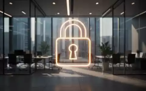 Ein stilisiertes, leuchtendes Vorhängeschloss-Symbol über einem unscharfen Hintergrund eines modernen Bürogebäudes, das Datensicherheit und Compliance symbolisiert. - Foto: über boerse-global.de