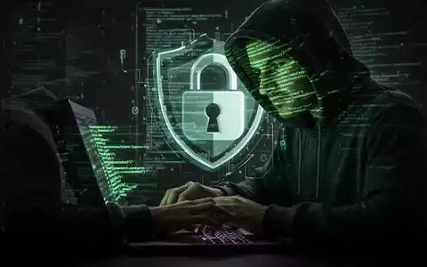 Eine Person mit Kapuze tippt auf einem Laptop, grüne Codezeilen spiegeln sich im Gesicht. Im Hintergrund ein digitales Schloss-Symbol mit Schild. - Foto: über boerse-global.de