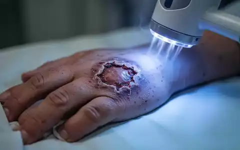 Nahaufnahme einer Hand mit chronischer Wunde, die von einem medizinischen Gerät mit kaltem, blauem Licht behandelt wird. - Foto: über boerse-global.de