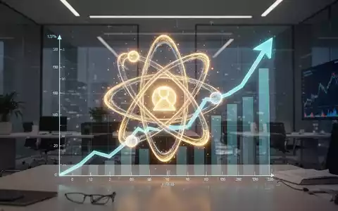 Ein stilisiertes, leuchtendes Atomsymbol, das mit einem aufsteigenden Finanzdiagramm verschmilzt, vor einem modernen Finanzhintergrund. - Foto: über boerse-global.de