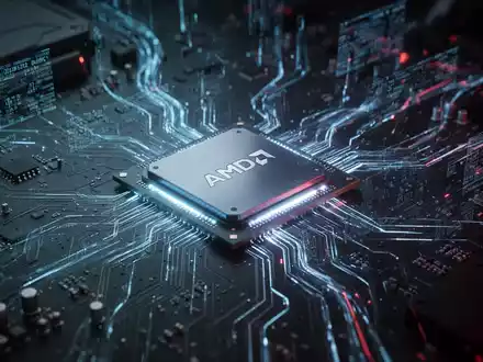 Ein leuchtender AMD-GPU-Chip in der Mitte einer futuristischen Platine, umgeben von fließenden digitalen Datenströmen. - Foto: über boerse-global.de