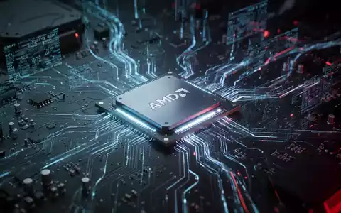 Ein leuchtender AMD-GPU-Chip in der Mitte einer futuristischen Platine, umgeben von fließenden digitalen Datenströmen. - Foto: über boerse-global.de