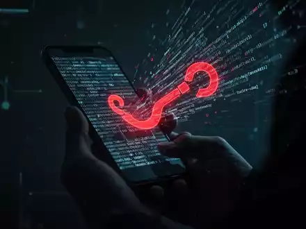 Eine Hand hält ein Smartphone mit einem leuchtend roten Haken-Symbol und digitalem Code, der vom Bildschirm ausgeht, vor dunklem Hintergrund. - Foto: über boerse-global.de