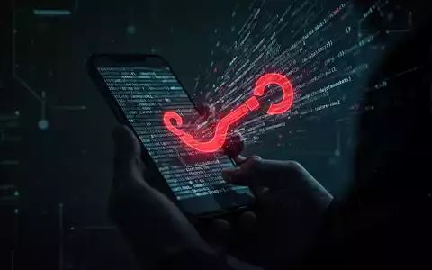 Eine Hand hält ein Smartphone mit einem leuchtend roten Haken-Symbol und digitalem Code, der vom Bildschirm ausgeht, vor dunklem Hintergrund. - Foto: über boerse-global.de