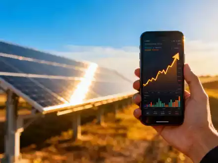Eine Hand hält ein Smartphone mit einer Börsen-App vor dem Hintergrund eines Solarparks. - Foto: über boerse-global.de