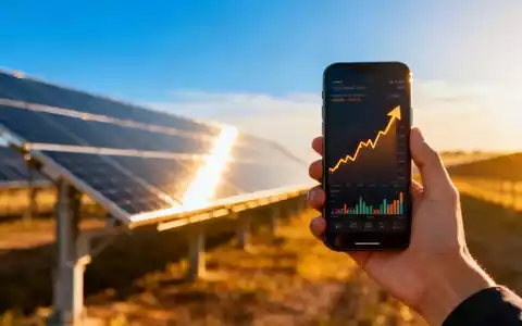 Eine Hand hält ein Smartphone mit einer Börsen-App vor dem Hintergrund eines Solarparks. - Foto: über boerse-global.de
