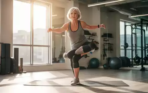Eine fitte Seniorin (60er Jahre) führt eine stehende Rumpfübung in einem hellen Fitnessstudio aus, konzentriert auf Form und Stabilität. - Foto: über boerse-global.de