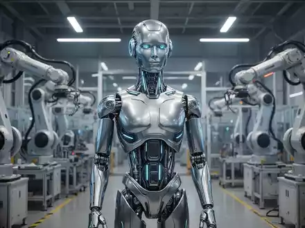 Hochentwickelter humanoider Roboter mit metallischen Gliedmaßen und leuchtendem Kern in futuristischer Fabrik, umgeben von modernen Maschinen. - Foto: über boerse-global.de