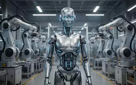 Hochentwickelter humanoider Roboter mit metallischen Gliedmaßen und leuchtendem Kern in futuristischer Fabrik, umgeben von modernen Maschinen. - Foto: über boerse-global.de