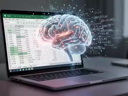 Leuchtendes KI-Gehirn-Symbol verschmilzt mit Excel-Tabelle auf Laptop, symbolisiert KI-Integration in Produktivitätssoftware. - Foto: über boerse-global.de