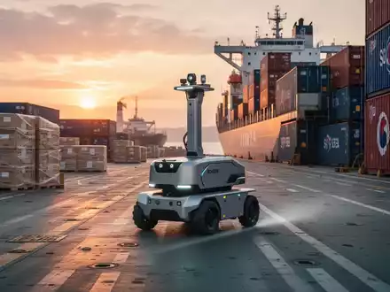 Ein autonomer mobiler Roboter auf dem Frachtdeck eines großen Containerschiffs, mit Containern im Hintergrund. - Foto: über boerse-global.de