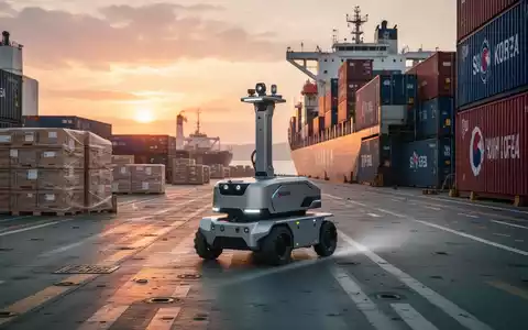 Ein autonomer mobiler Roboter auf dem Frachtdeck eines großen Containerschiffs, mit Containern im Hintergrund. - Foto: über boerse-global.de