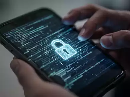 Nahaufnahme eines Smartphone-Bildschirms, der leuchtende Codezeilen oder ein digitales Schloss-Symbol anzeigt, mit unscharfen Händen im Hintergrund. - Foto: über boerse-global.de