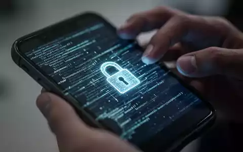 Nahaufnahme eines Smartphone-Bildschirms, der leuchtende Codezeilen oder ein digitales Schloss-Symbol anzeigt, mit unscharfen Händen im Hintergrund. - Foto: über boerse-global.de