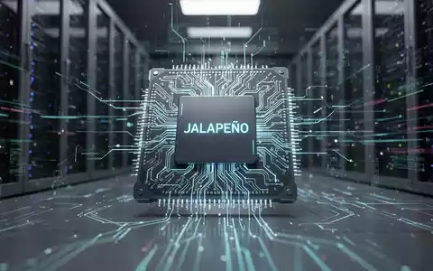 Nahaufnahme eines futuristischen KI-Chips namens 'JALAPEÑO' mit komplexen Schaltkreisen, leuchtend vor Serverregalen. - Foto: über boerse-global.de