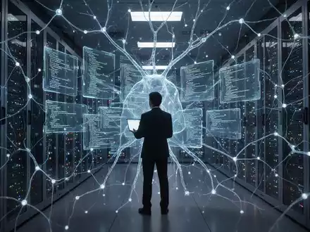 Zukunftssichere neuronale Netzwerkschnittstelle über einem Serverraum, silhouettierter Entwickler betrachtet holografischen Code. - Foto: über boerse-global.de