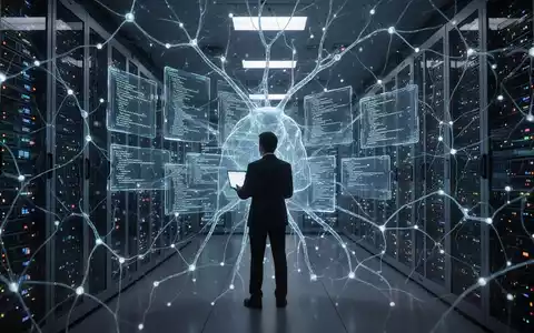 Zukunftssichere neuronale Netzwerkschnittstelle über einem Serverraum, silhouettierter Entwickler betrachtet holografischen Code. - Foto: über boerse-global.de