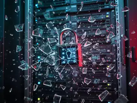 Zerbrochenes digitales Vorhängeschloss mit Datenfragmenten um einen Server-Rack, symbolisiert Datenleck und offengelegte Informationen. - Foto: über boerse-global.de
