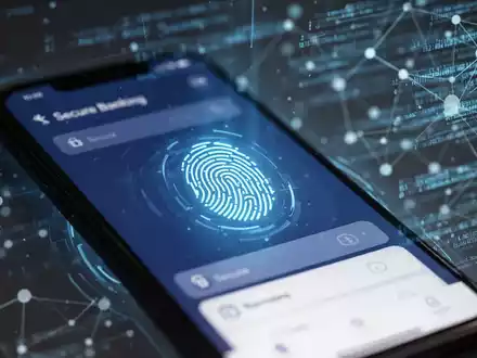 Nahaufnahme eines Smartphones mit sicherer Banking-App und Fingerabdruck-Symbol für biometrische Authentifizierung - Foto: über boerse-global.de