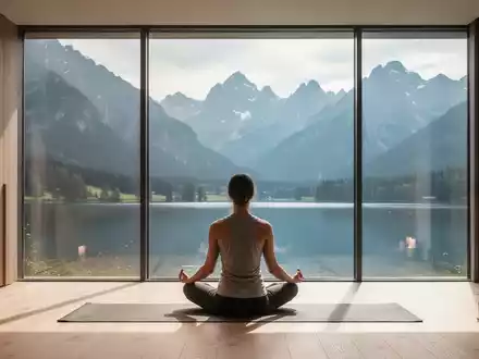 Eine Person meditiert in einem modernen Wellness-Retreat in den bayerischen Alpen mit Blick auf Berge und See. - Foto: über boerse-global.de