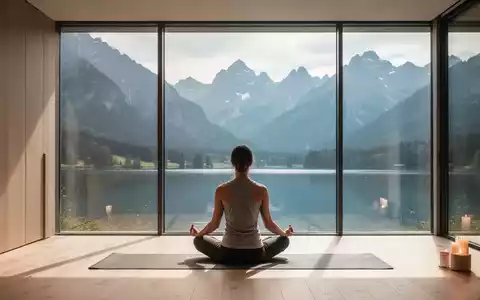 Eine Person meditiert in einem modernen Wellness-Retreat in den bayerischen Alpen mit Blick auf Berge und See. - Foto: über boerse-global.de
