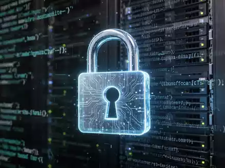 Leuchtendes digitales Vorhängeschloss-Symbol vor dunklem, verschwommenem Hintergrund aus abstraktem Code, das Cybersicherheits-Schwachstellen darstellt. - Foto: über boerse-global.de