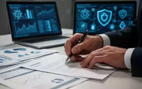 Ein Geschäftsmann unterschreibt ein Dokument, im Hintergrund unscharfe Finanzberichte und ein Laptop mit Cybersicherheitssymbolen. - Foto: über boerse-global.de