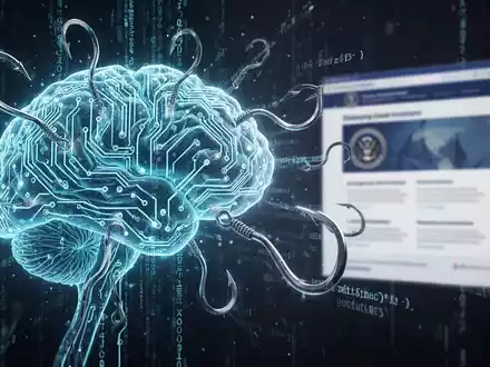 Leuchtendes, abstraktes KI-Gehirn aus Schaltkreisen, verwoben mit digitalen Phishing-Haken und Schadcode, zielt auf eine verschwommene Regierungswebsite. - Foto: ĂŒber boerse-global.de