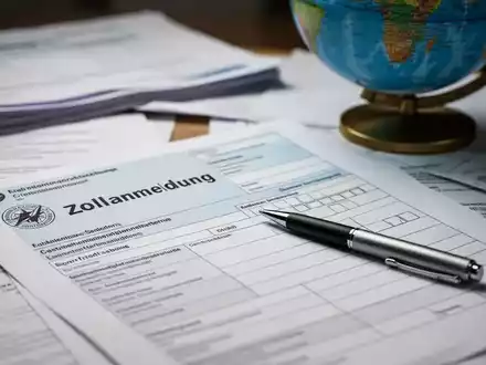 Nahaufnahme einer Zollanmeldung mit einem Stift, umgeben von unscharfen Dokumenten und einem Globus im Hintergrund. - Foto: über boerse-global.de