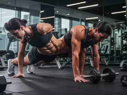 Eine Person mit sichtbaren Bauchmuskeln macht eine Planke in einem modernen Fitnessstudio, umgeben von Fitnessgeräten. - Foto: über boerse-global.de