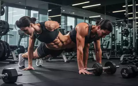 Eine Person mit sichtbaren Bauchmuskeln macht eine Planke in einem modernen Fitnessstudio, umgeben von Fitnessgeräten. - Foto: über boerse-global.de
