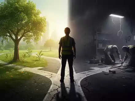Eine stilisierte Silhouette einer Person, die an einem Scheideweg steht, der sich in eine helle, gesunde Zukunft und eine schattige Umgebung teilt. - Foto: über boerse-global.de