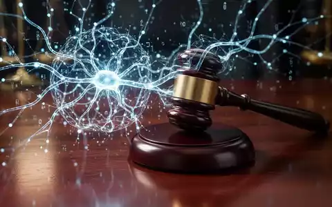 Ein leuchtendes neuronales Netz, das sich mit einem traditionellen Richterhammer auf einem dunklen Holztisch überschneidet, symbolisiert KI-Haftung. - Foto: über boerse-global.de