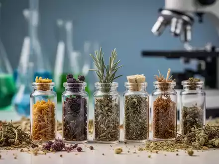 Nahaufnahme von getrockneten Heilkräutern und Pflanzenextrakten in kleinen Glasfläschchen mit Laborgeräten im Hintergrund. - Foto: über boerse-global.de