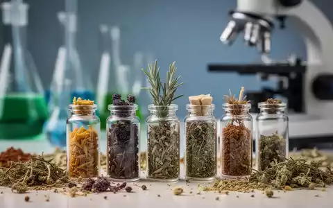 Nahaufnahme von getrockneten Heilkräutern und Pflanzenextrakten in kleinen Glasfläschchen mit Laborgeräten im Hintergrund. - Foto: über boerse-global.de