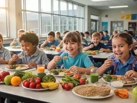 Kinder essen gesunde Mahlzeiten in einer hellen Schulcafeteria, mit Fokus auf frisches Obst und Gemüse. - Foto: über boerse-global.de