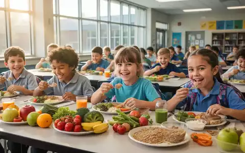 Kinder essen gesunde Mahlzeiten in einer hellen Schulcafeteria, mit Fokus auf frisches Obst und Gemüse. - Foto: über boerse-global.de