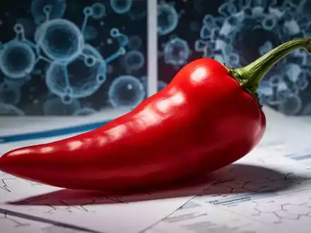 Eine Nahaufnahme einer leuchtend roten Chilischote mit unscharfem Hintergrund von medizinischen Forschungsdokumenten. - Foto: über boerse-global.de